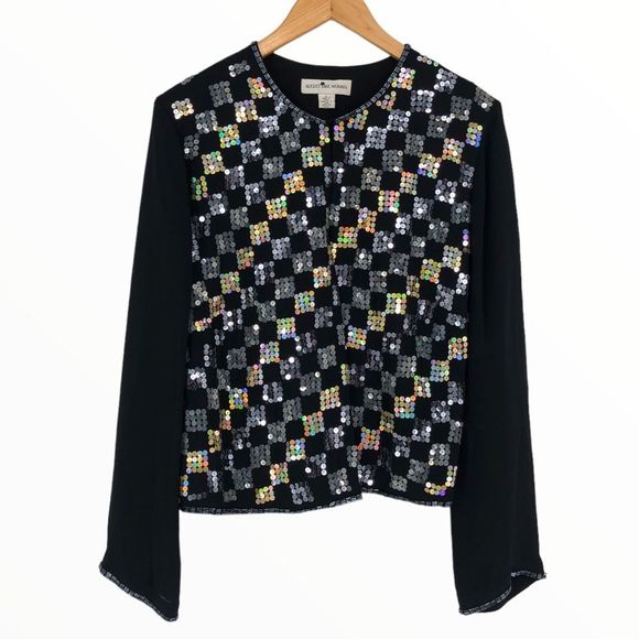 90’s Vintage Silver Iridescent Gold Sequin Checkerboard Evening Jacket size X - Picture 1 of 16